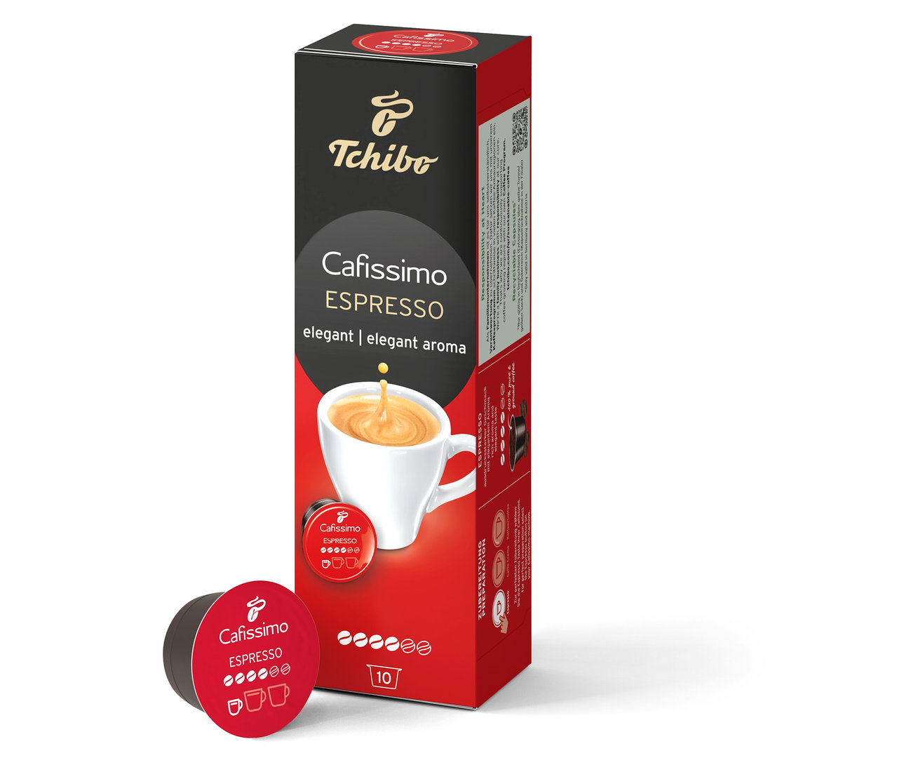 Une boîte de Cafissimo Espresso elegant - 10 capsules à côté d'une capsule individuelle.