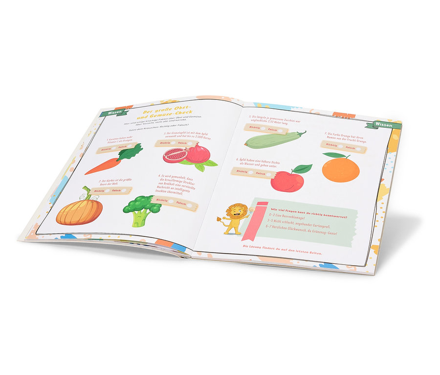 Un livre ouvert avec des illustrations de fruits et légumes et du texte en allemand.