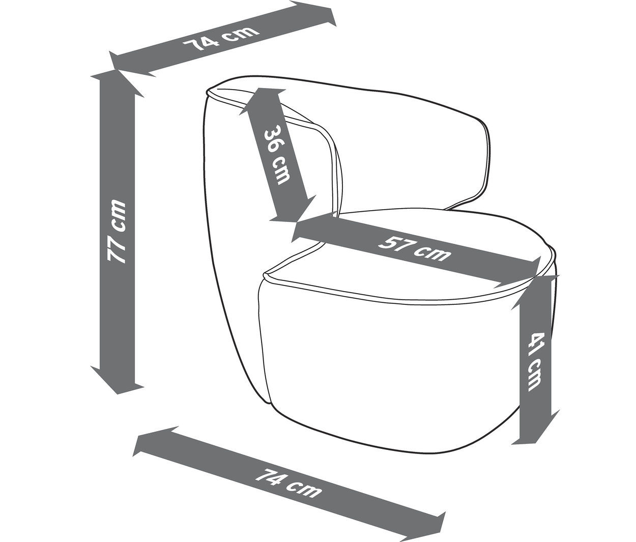 Les dimensions du fauteuil rotatif sont indiquées par des flèches.
