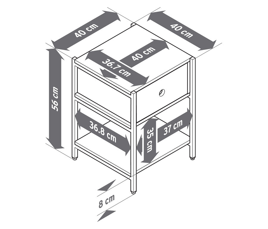 Schéma d'une table de chevet avec un tiroir et une étagère ouverte, avec des dimensions mises en évidence.