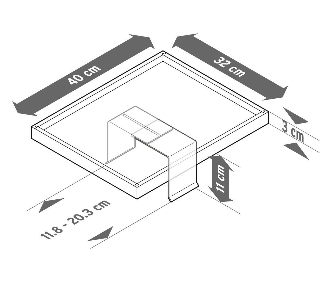 Le diagramme montre un socle carré de 40 cm x 32 cm avec une découpe et des dimensions indiquées.