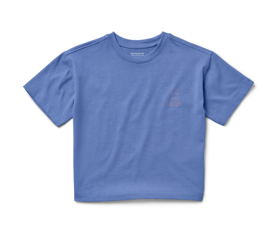 Un t-shirt heavy bleu pour enfant avec des épaules tombantes et un dessin d'animal sur un skateboard.