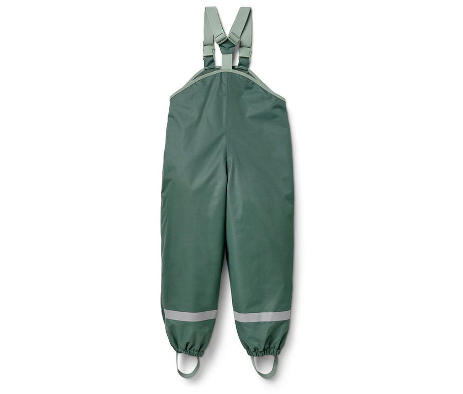 Pantalon de pluie vert pour enfants avec bretelles et bandes réfléchissantes.