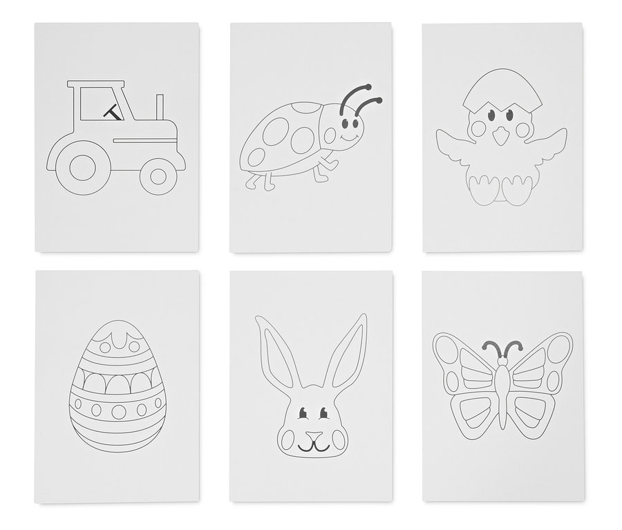 Six pages à colorier montrent un tracteur, une coccinelle, un poussin, un œuf de Pâques, un lapin et un papillon.