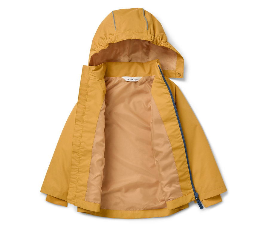 Veste jaune ouverte avec capuche et fermeture éclair bleue.
