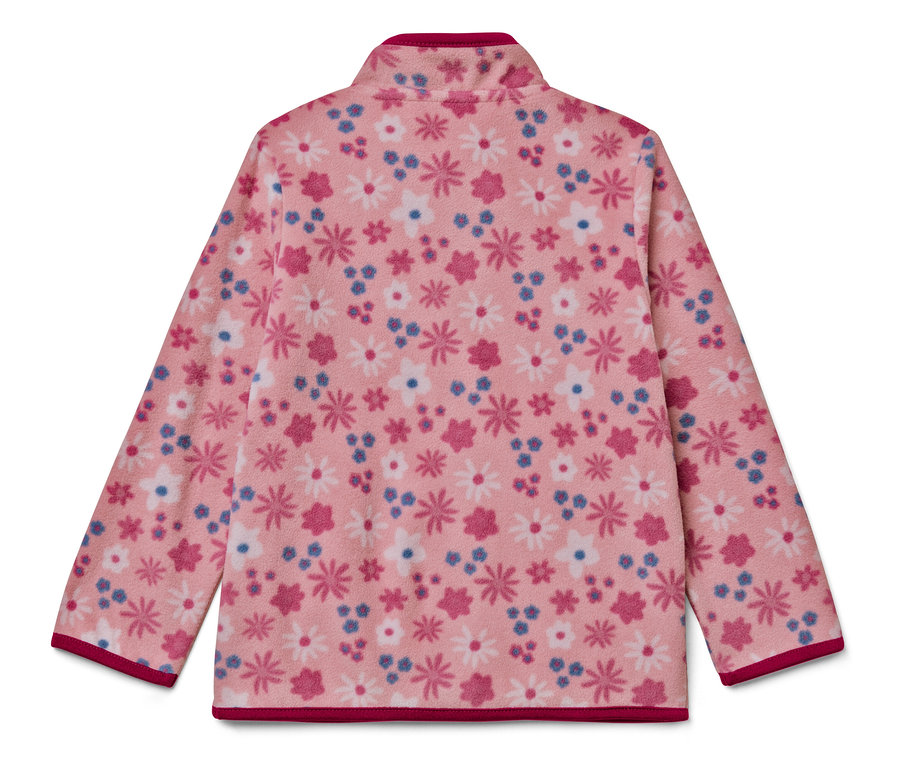 Veste en polaire rose avec fermeture éclair et motif floral.