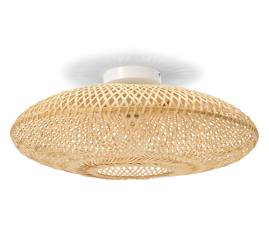 Plafonnier ovale en bambou clair avec support de plafond blanc.