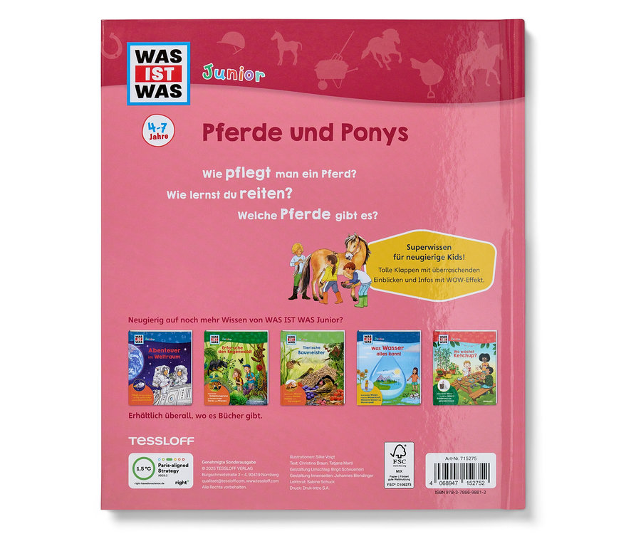 Quatrième de couverture du livre "WAS IST WAS Junior Pferde und Ponys" pour les enfants de 4 à 7 ans. La couverture présente des images de chevaux et d'enfants.