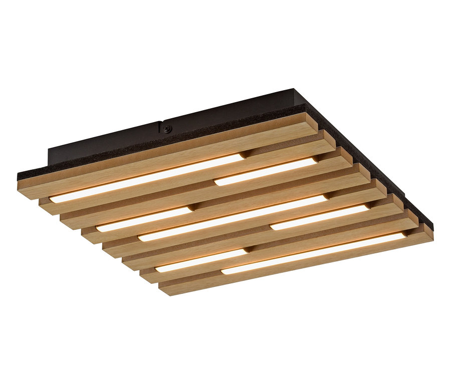 Plafonnier carré avec lamelles en bois et bandes LED intégrées.