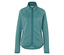 Veste en polaire turquoise à manches longues avec fermeture éclair au milieu.