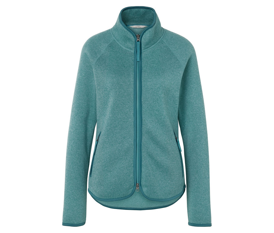 Veste en polaire turquoise à manches longues avec fermeture éclair au milieu.