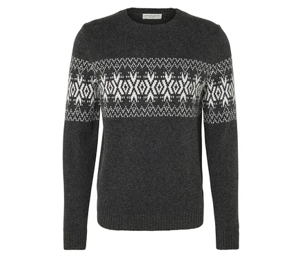 Pull gris à motif blanc.