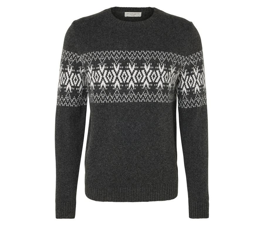 Pull gris à motif blanc.