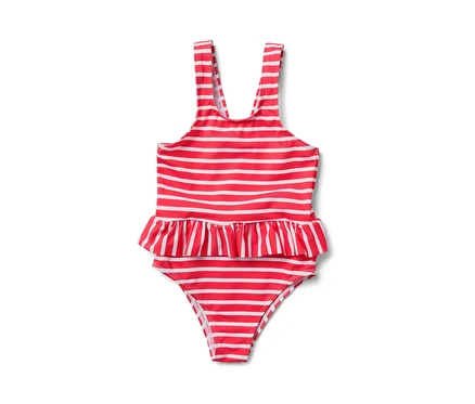 Maillot de bain pour enfant rayé rouge et blanc.