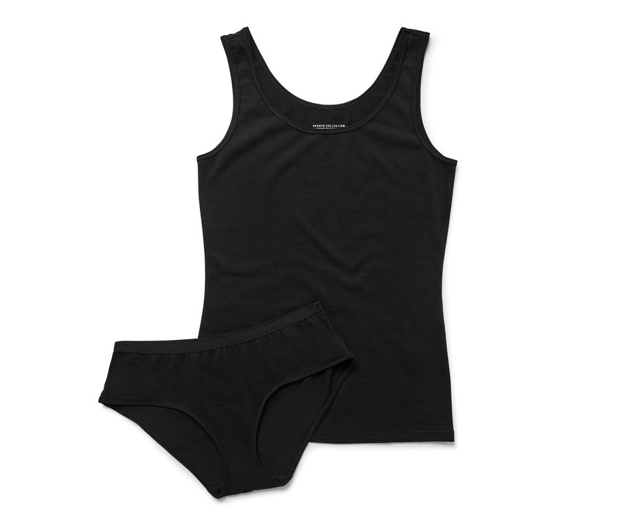 Ensemble de sous-vêtements noirs en laine mérinos, composé d'un débardeur et d'un slip.