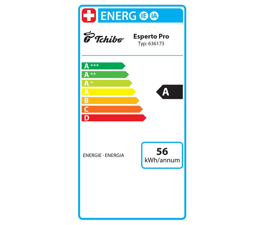 Étiquette énergétique pour la machine à café entièrement automatique anthracite Tchibo « Esperto Pro » avec la classe d'efficacité énergétique A et une consommation annuelle de 56 kWh.