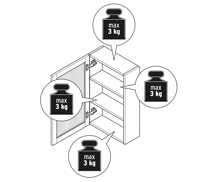 Armoire murale avec porte en verre strié avec une charge maximale de 3 kg par étagère.