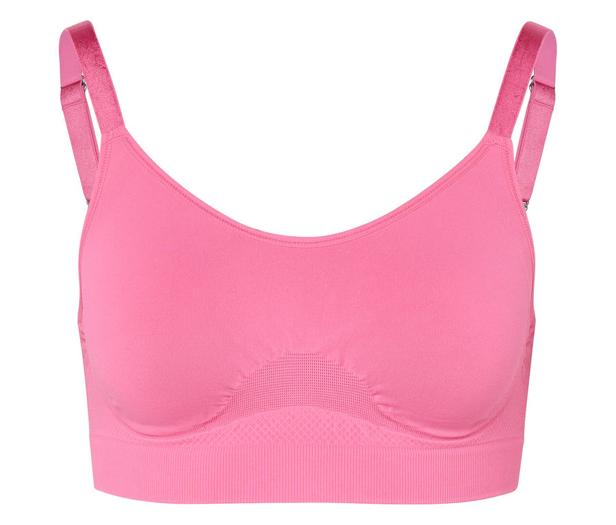 Soutien-gorge de sport rose avec bretelles réglables.