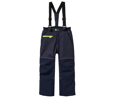 Le pantalon robuste pour enfants JAKO-O, doublé et de couleur bleu marine, est doté de bretelles, d'une fermeture éclair néon et de détails réfléchissants.
