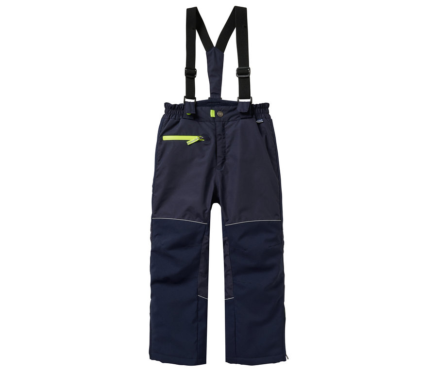 Le pantalon robuste pour enfants JAKO-O, doublé et de couleur bleu marine, est doté de bretelles, d'une fermeture éclair néon et de détails réfléchissants.