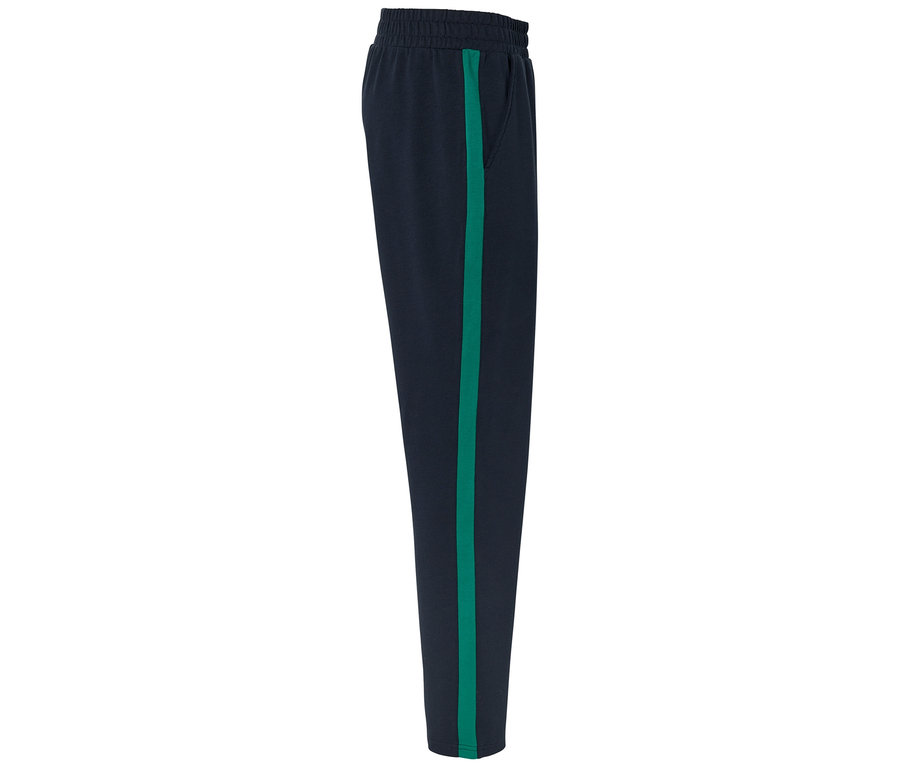 Pantalon bleu marine avec une bande verte sur le côté.