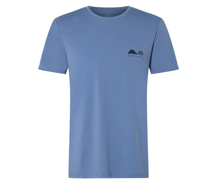 T-shirt bleu clair avec l'inscription EXPLORE et un paysage de montagne.