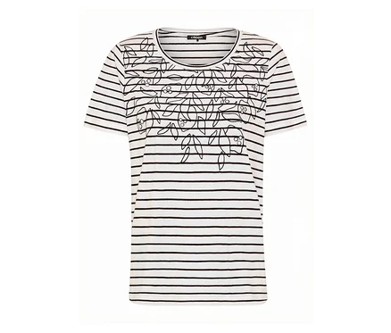 T-shirt Olsen rayé noir et blanc avec motif floral.