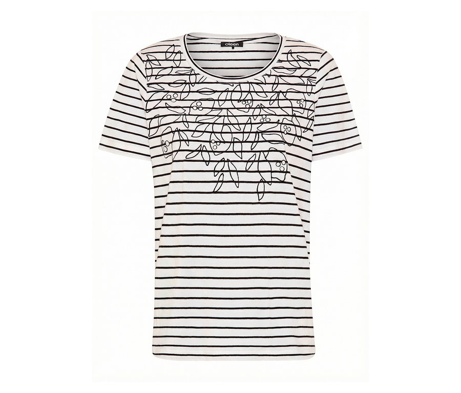 T-shirt Olsen rayé noir et blanc avec motif floral.