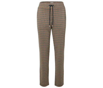 Pantalon marron à motif pied-de-poule avec cordon de serrage.