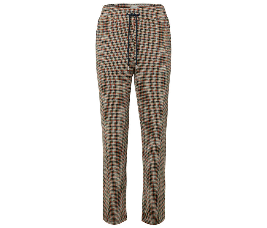 Pantalon marron à motif pied-de-poule avec cordon de serrage.