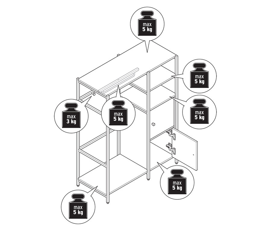 Illustration d'une penderie pour enfant « GRADE » avec portes et tringle à vêtements, indiquant les capacités de poids maximales de chaque étagère.
