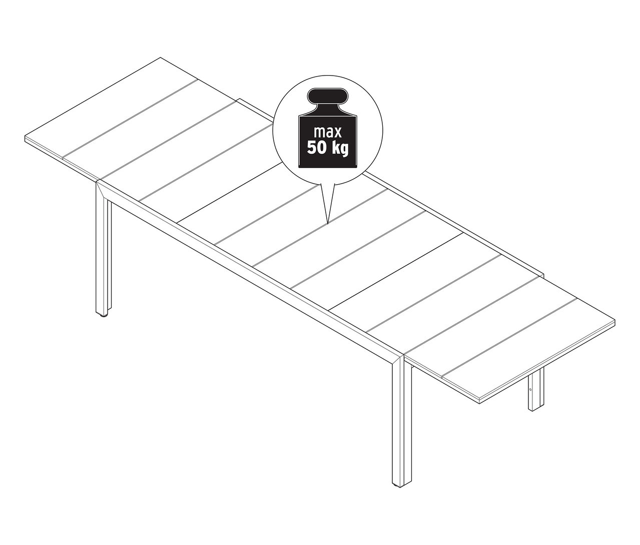 Illustration d'une table de jardin extensible avec plateau en Duraboard, env. 200-300 cm, avec une charge maximale de 50 kg.