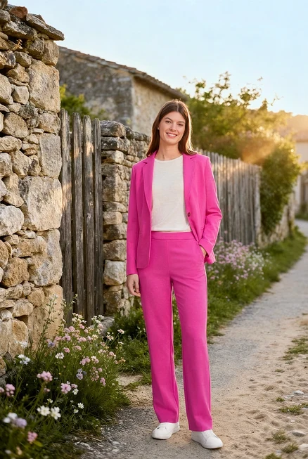 Femme portant un blazer et un pantalon roses avec des baskets en cuir et des puces d’oreille avec arc en zircons en argent 925.