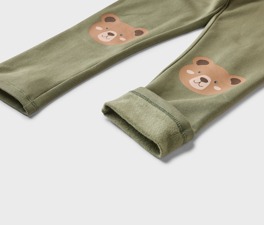 Gros plan d'un pantalon vert olive avec des poignets et des applications d'ours sur les genoux.