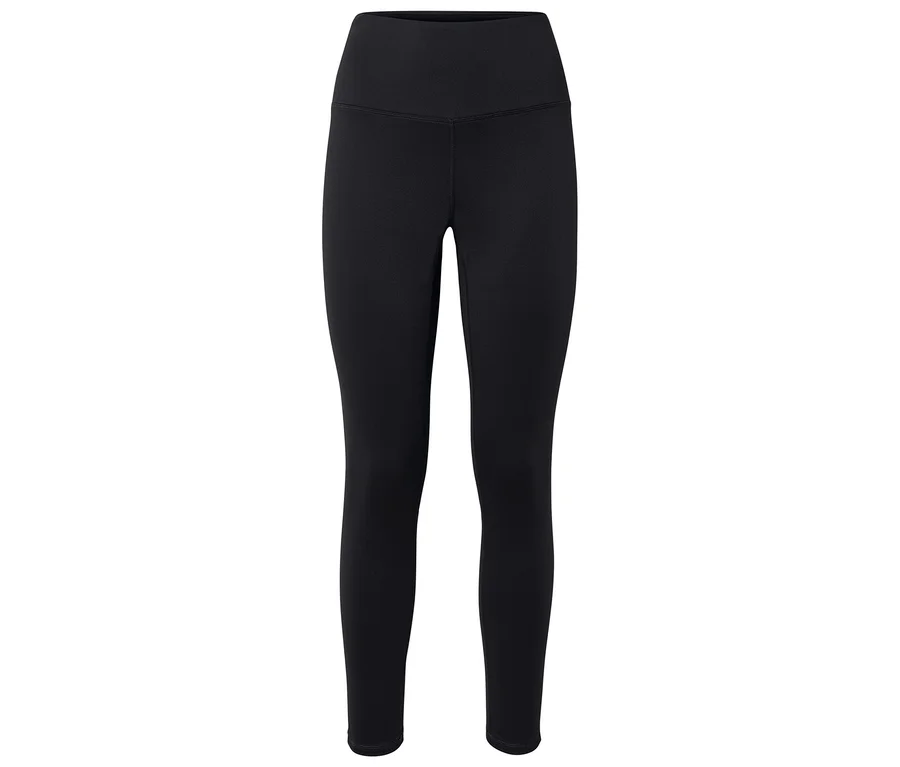 Un legging noir à taille haute est posé sur un fond blanc.