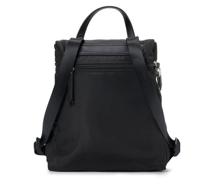 Vue arrière d'un sac à dos noir avec une poignée et des bretelles réglables.