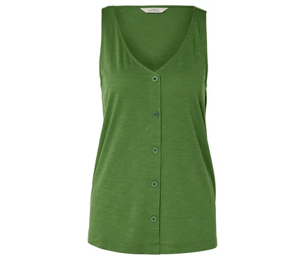 Haut sans manches vert avec col en V et fermeture boutonnée.