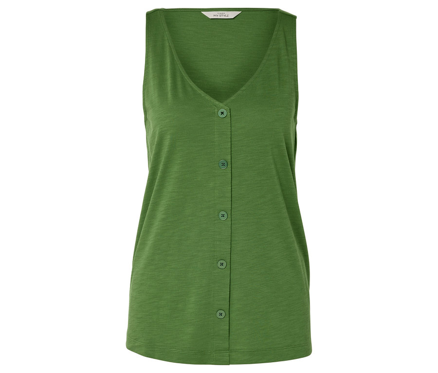 Haut sans manches vert avec col en V et fermeture boutonnée.