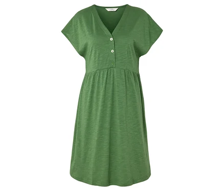 Une robe verte avec un col en V et des boutons.