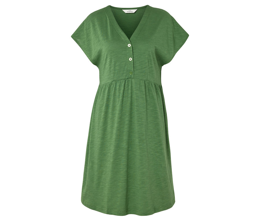 Une robe verte avec un col en V et des boutons.
