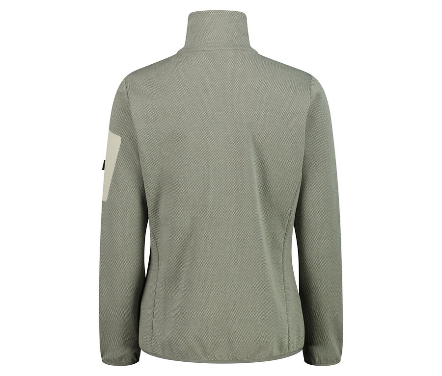 Vue arrière d'une veste en polaire kaki avec un col montant et une fermeture éclair intégrale.