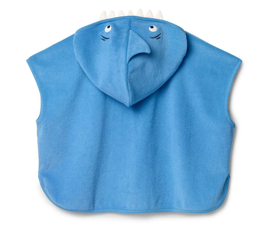 Poncho enfant bleu clair à capuche de requin, photographié de dos.