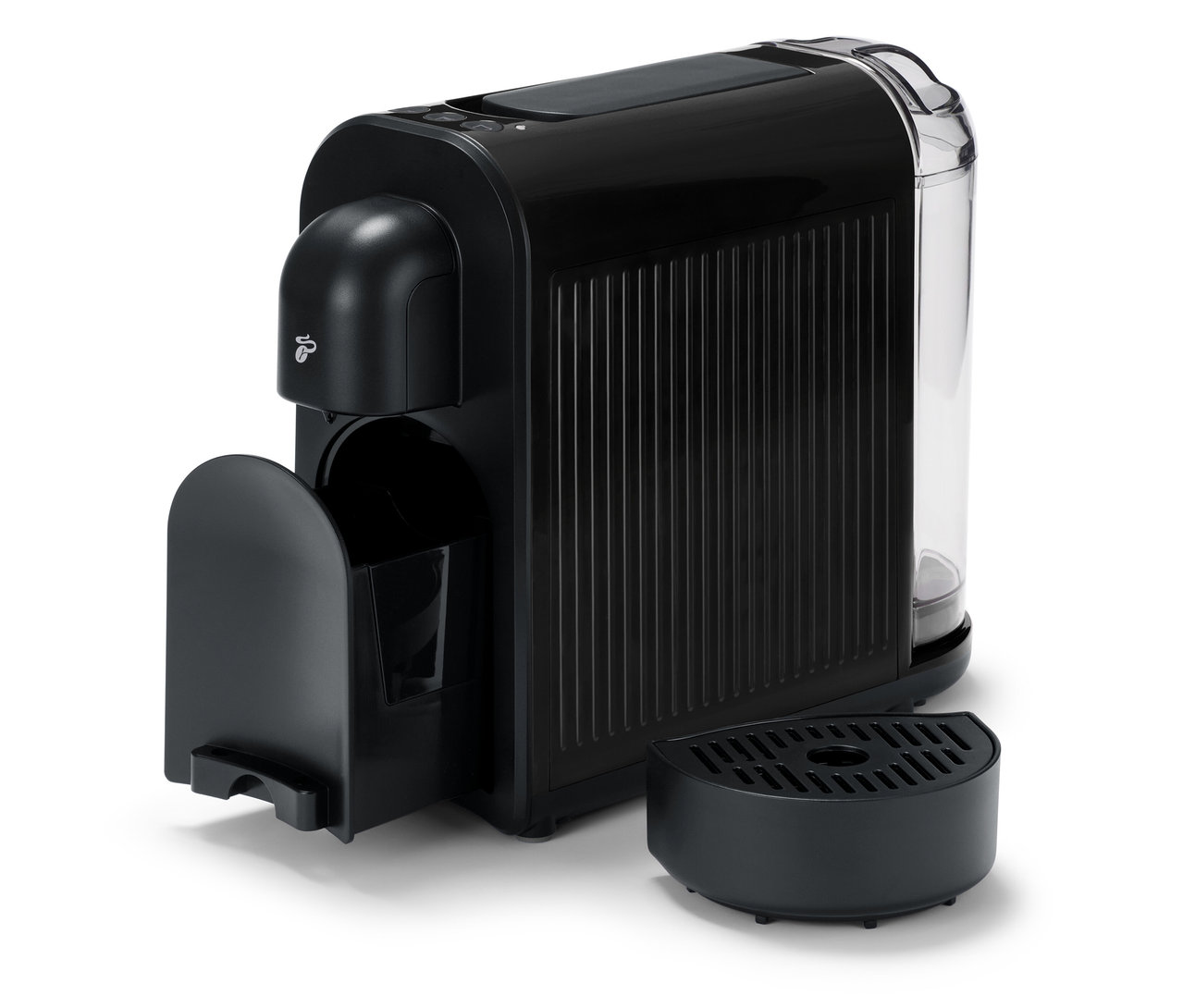 Machine à café noire Cafissimo now black avec égouttoir et réservoir d'eau amovibles.