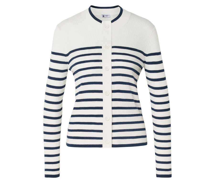 Cardigan rayé blanc à manches longues avec boutons.