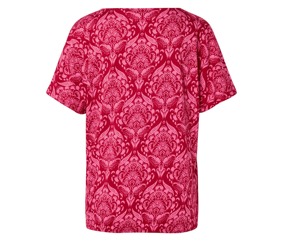 Vue arrière d'un t-shirt rouge avec un motif damassé rose.