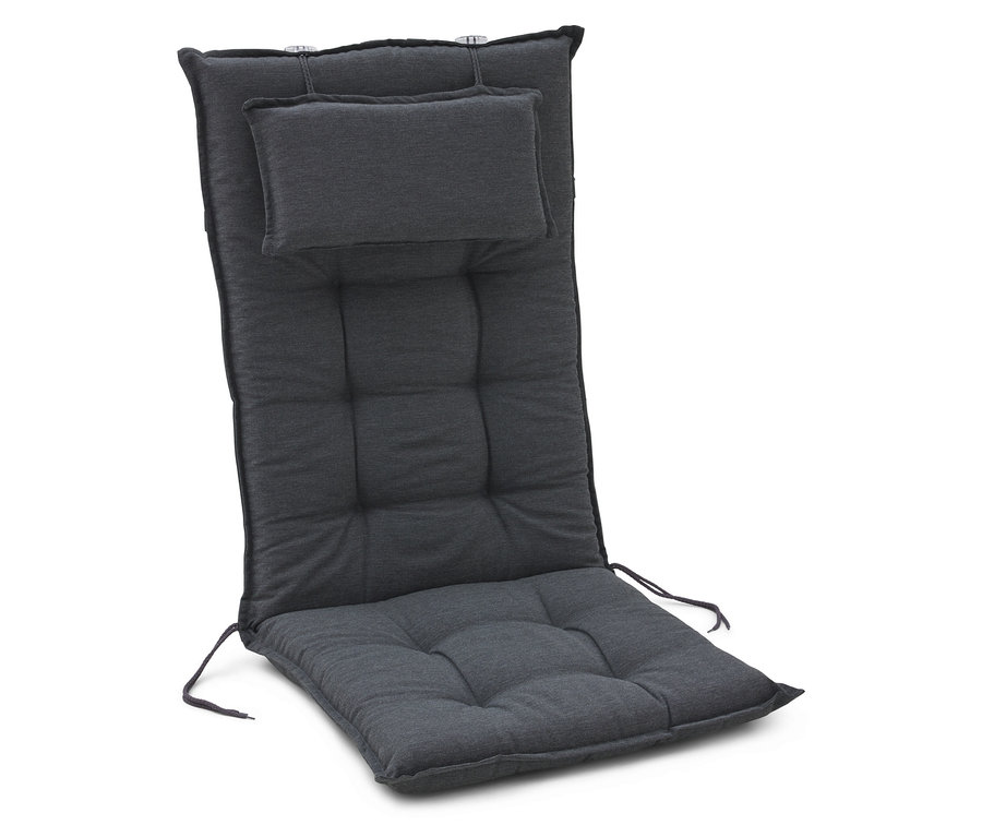 Un coussin de chaise gris unique avec dossier et appui-tête posé sur un fond blanc.