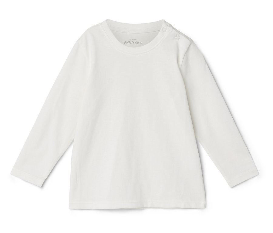 Un t-shirt blanc à manches longues pour enfant avec des boutons à l'encolure, posé sur un fond blanc.
