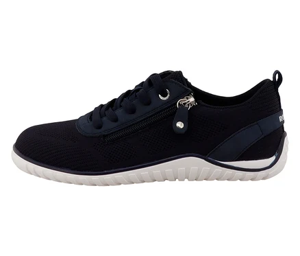 Chaussure à lacets bleu marine avec semelle blanche et fermeture éclair latérale.