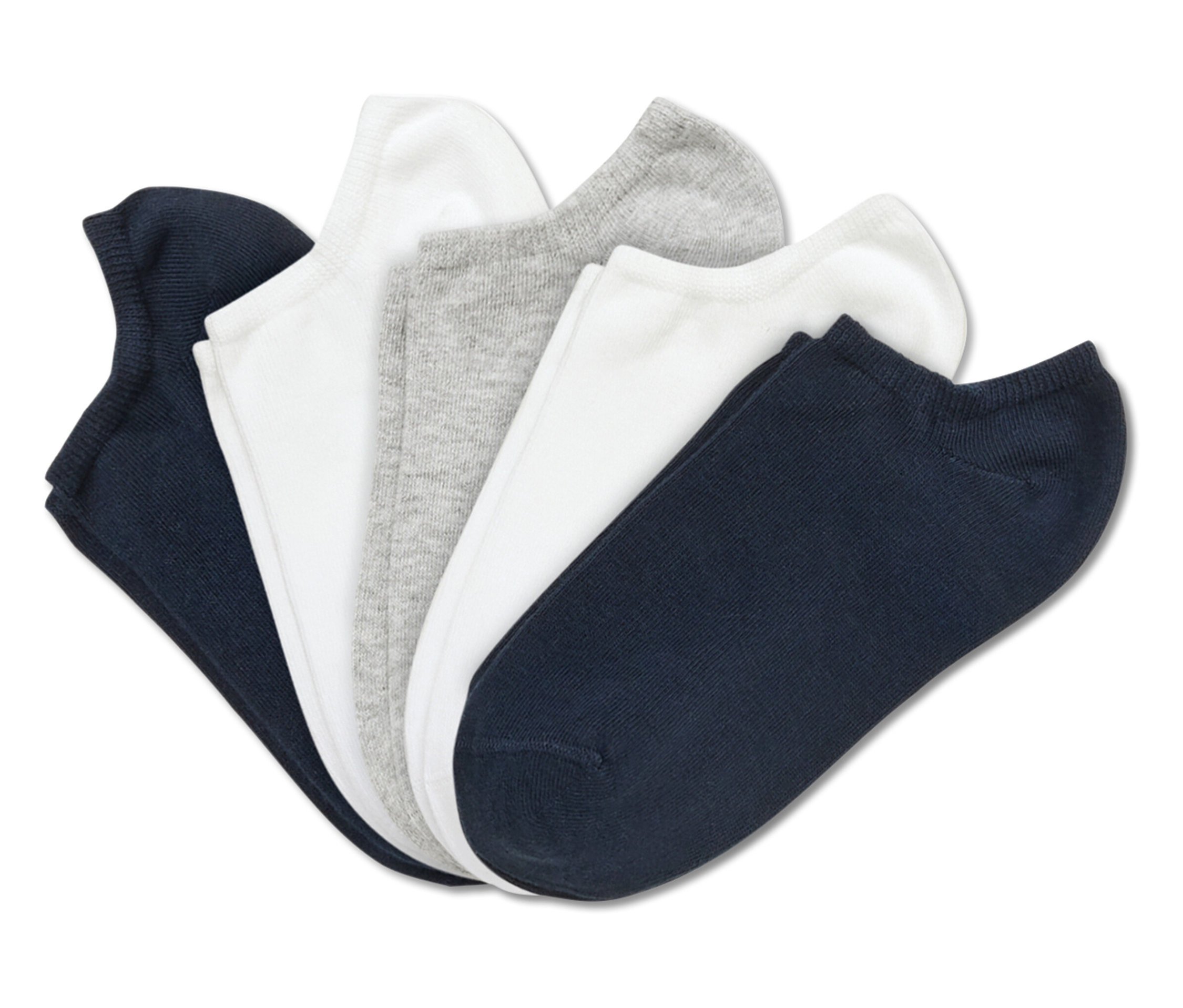 Gros plan de cinq paires de chaussettes bleu marine, blanches et grises.