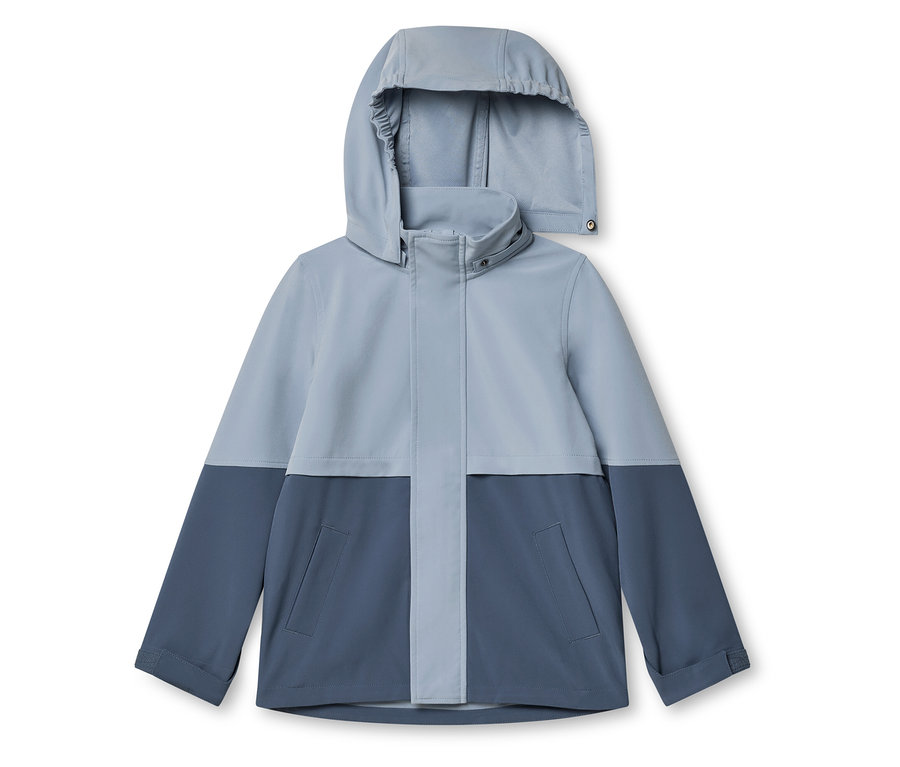 Veste bicolore bleue avec capuche, prise de face.